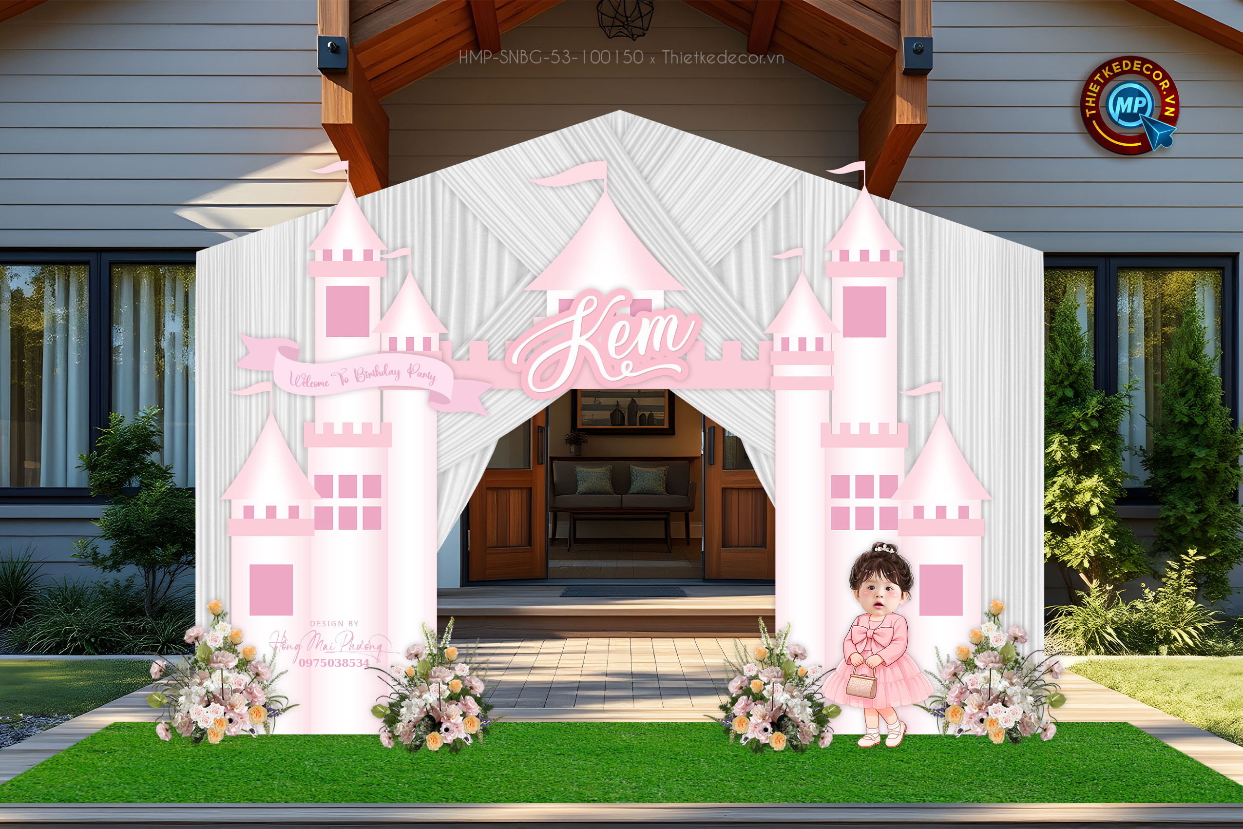 Cổng sinh nhật bé gái lâu đài tone hồng xinh yêu kèm chibi